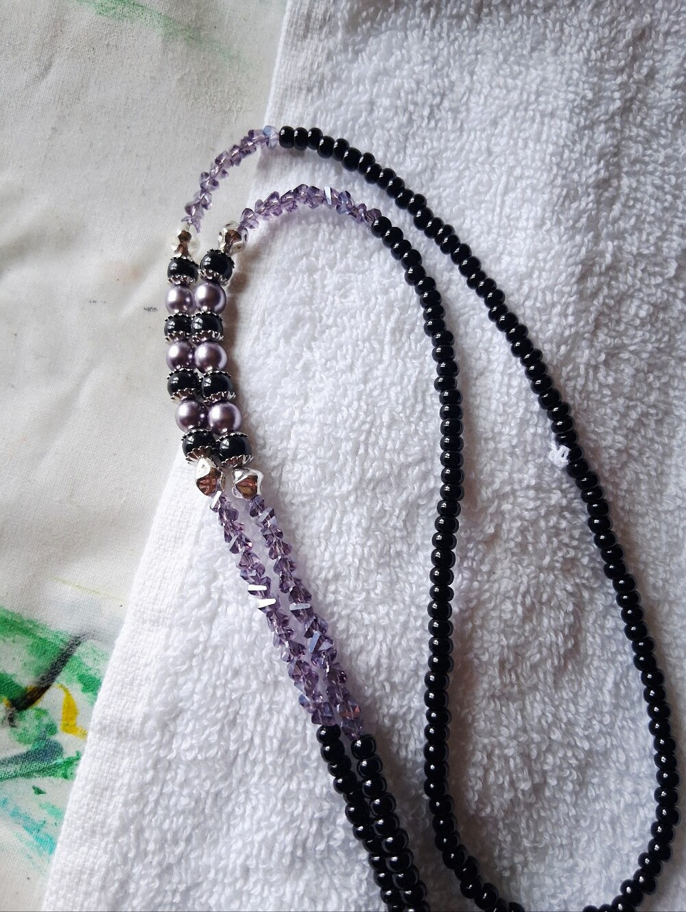 Lanyard Necklace Black And Lavender Beaded with Silver Ring Clasp